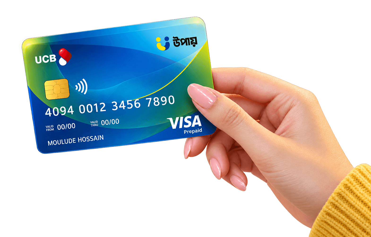 Hand holding UCB Upay Visa prepaid card