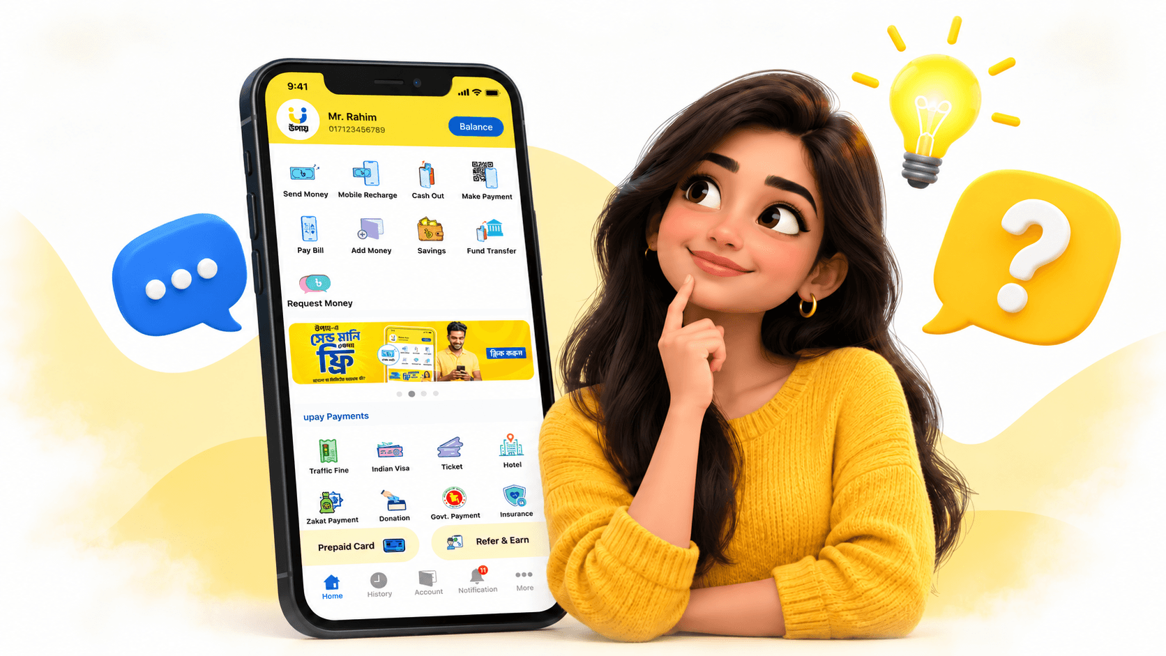 Upay app interface with a friendly help center character